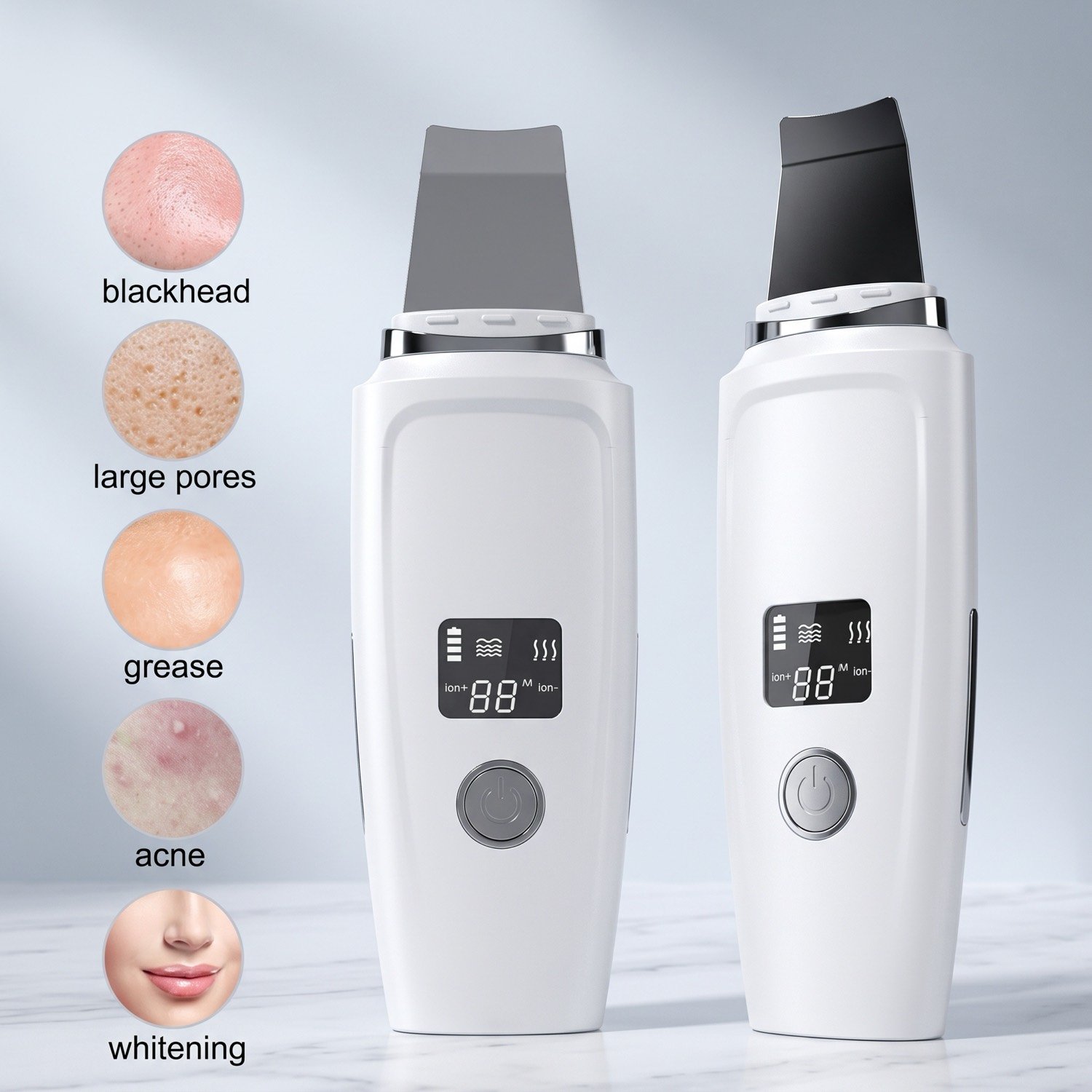 Two UltraPore devices beside close-ups of blackheads, large pores, oil and uneven skin