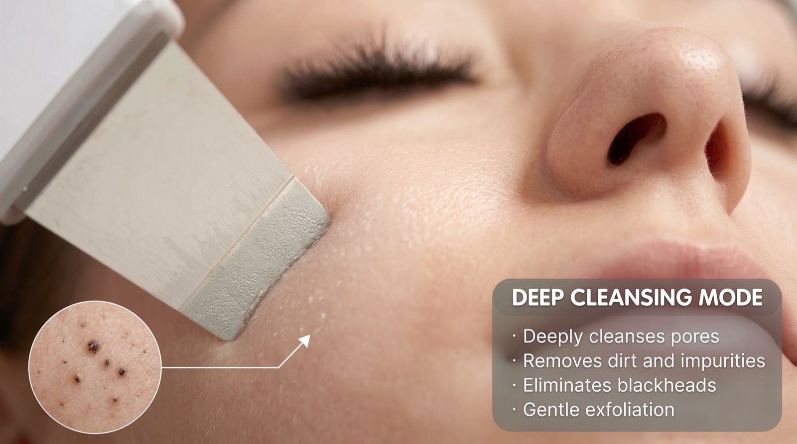 Close-up of the UltraPore spatula gliding across damp skin in deep cleansing mode