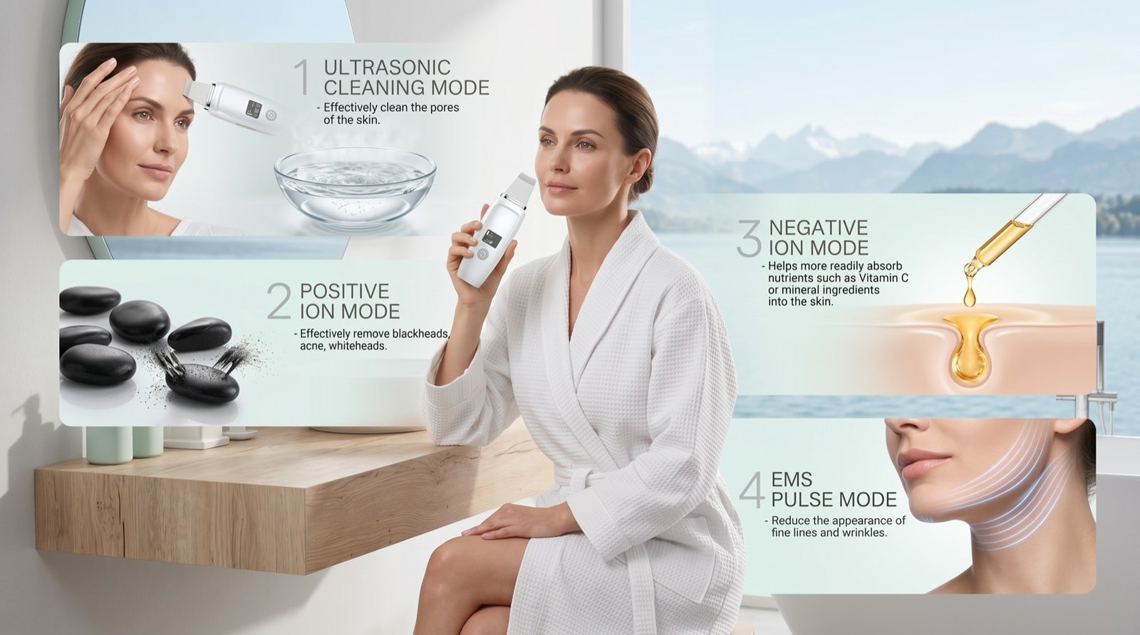 UltraPore four modes: ultrasonic cleaning, positive ion, negative ion and EMS pulse