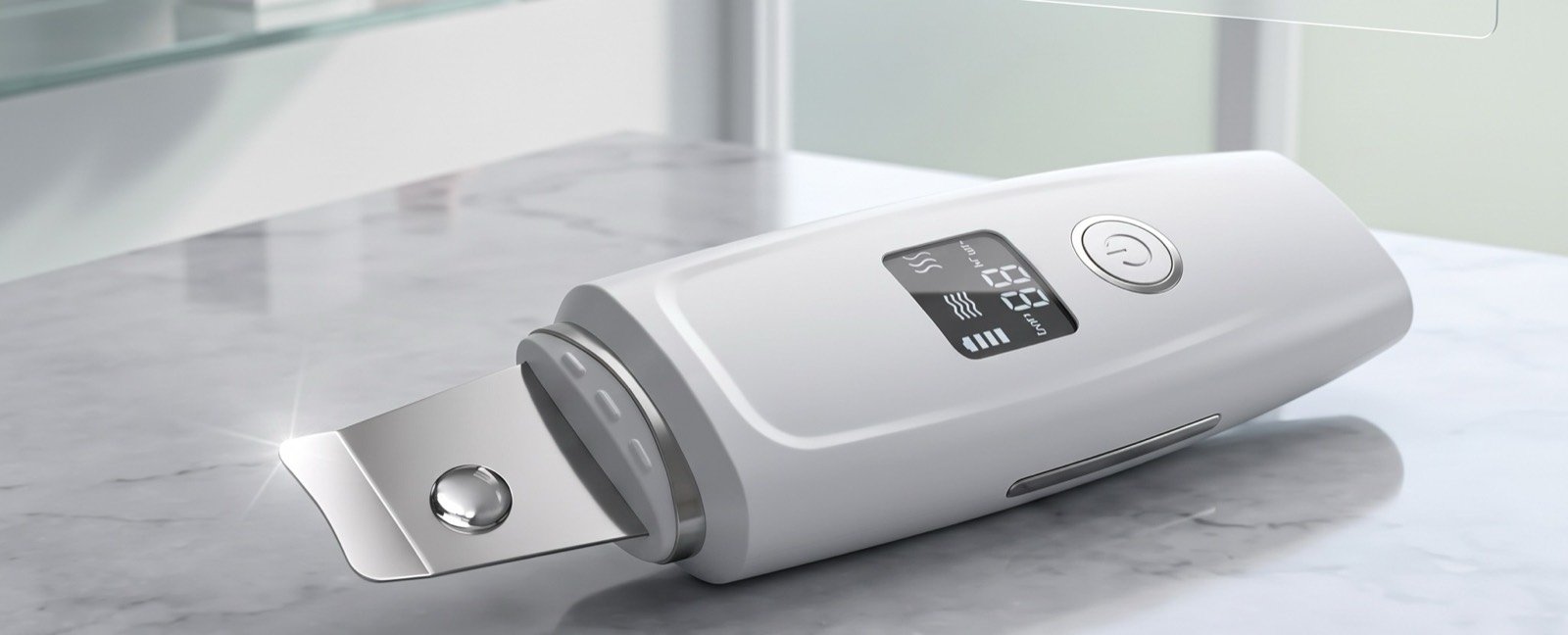 UltraPore ultrasonic skin scrubber on a marble bathroom counter