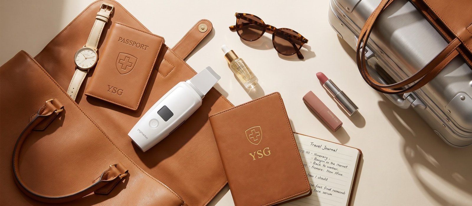 UltraPore packed in a leather travel bag beside a passport, serum and sunglasses